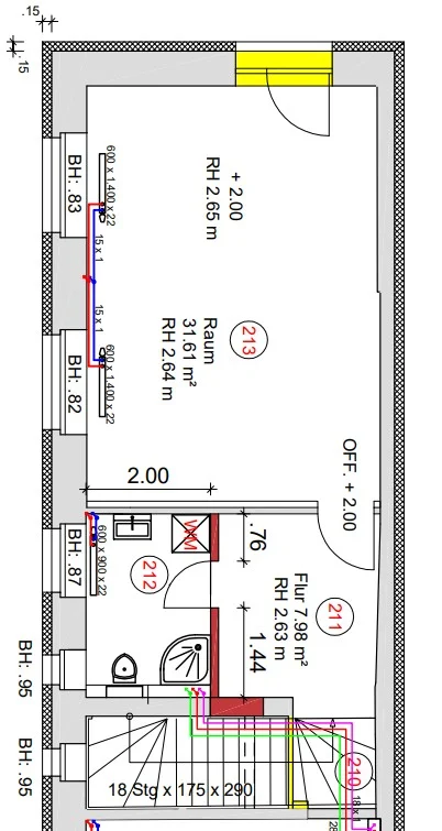 Grundriss der Büroeinheit mit Raum 213, Flur 211 und WC 212